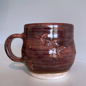 Pink Purple Leaf Leaves Carved Handmade Ceramic Pottery Coffee Tea Mug image 1