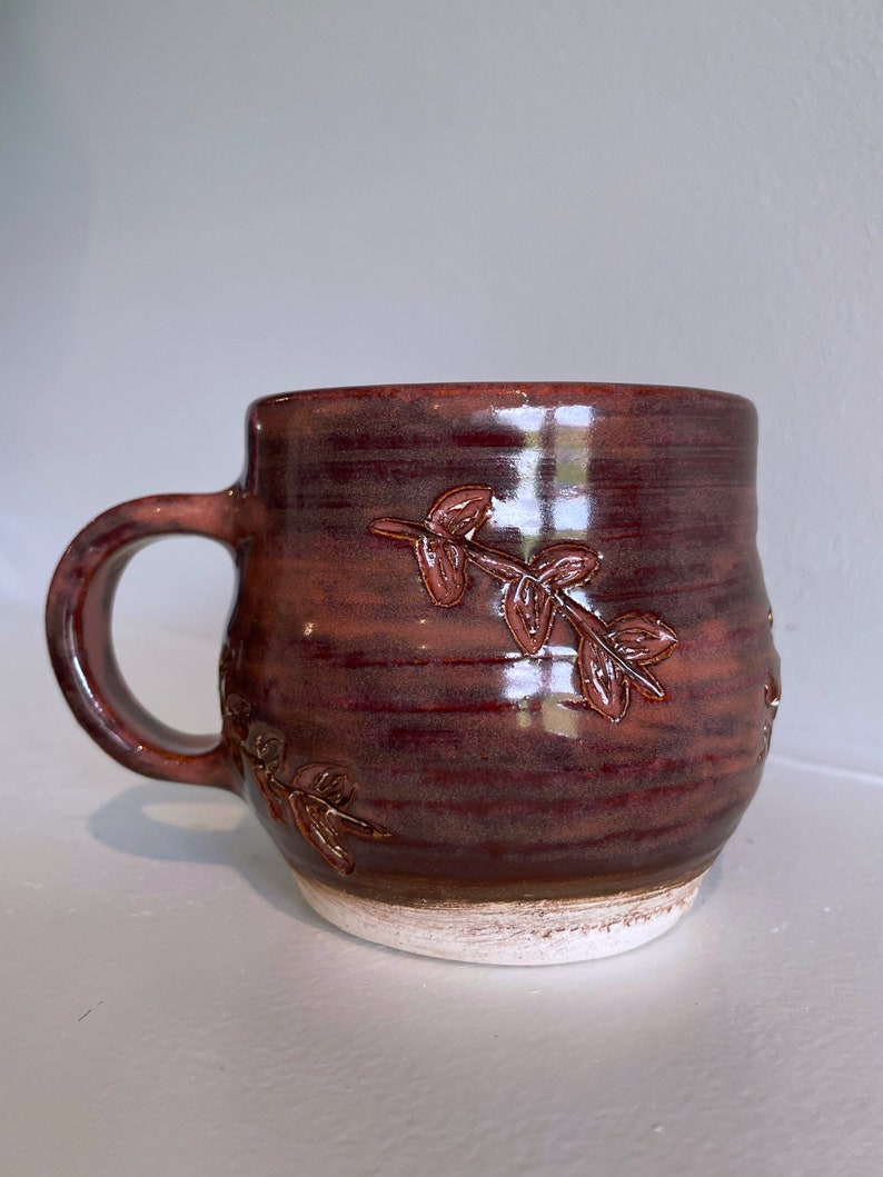 Pink Purple Leaf Leaves Carved Handmade Ceramic Pottery Coffee Tea Mug image 1