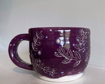 Purple Starry Leaf Leaves Carved Handmade Ceramic Pottery Coffee Tea Mug
