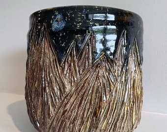 Medium Large Black Galaxy Sky and Brown Mountains Handmade Ceramic Pottery Flower Vase with Mountains Carvings