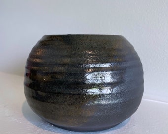 Black and Brown Small Handmade Spherical Ceramic Pottery Vase on Obsidian Clay