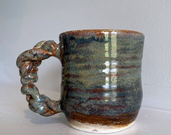 Green Blue and Brown Rope Texture Handle Rustic Ceramic Pottery Coffee Tea Mug