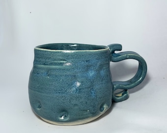 Bright Blue Bubble Texture Handmade Ceramic Pottery Coffee Mug with Handles with Curls