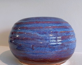 Medium Large Blue Pink Sphere Spherical Ceramic Pottery Vase