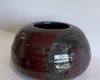 Red and Silver Small Handmade Spherical Ceramic Pottery Vase on Obsidian Clay