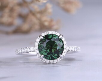 Green Tourmaline Engagement Ring Unique 14K White Gold 7mm Round Tourmaline Diamond halo Ring Pave Diamond Wedding Unique Promise Ring