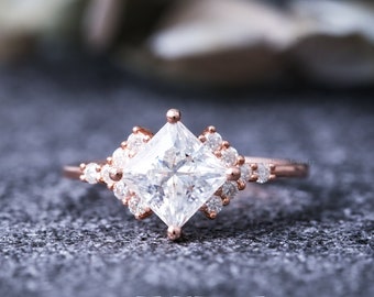 Moissanite engagement ring art deco 14K rose gold ring, vvs princess moissanite ring, unique ring, rings for women, promise wedding ring