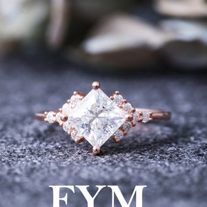 Moissanite engagement ring art deco 14K rose gold ring, vvs princess moissanite ring, unique ring, rings for women, promise wedding ring image 1