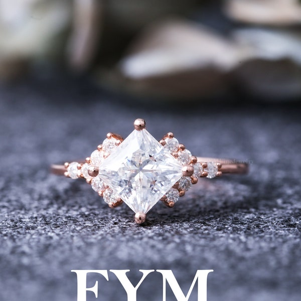 Moissanite engagement ring art deco 14K rose gold ring, vvs princess moissanite ring, unique ring, rings for women, promise wedding ring