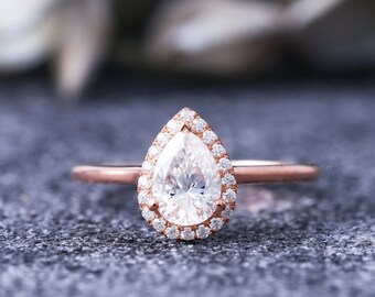 VVS Moissanite engagement ring 14K rose gold ring, 5x7mm pear 1.0ct halo moissanite ring, unique dainty ring, rings for women, promise ring