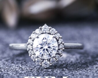 Moissanite engagement ring vintage 14K white gold ring, round 1.0ct vvs halo moissanite ring, unique ring, rings for women, promise ring