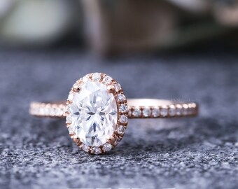 Oval moissanite engagement ring 14K rose gold oval engagement ring 1.0ct moissanite ring halo ring unique promise vintage rings for women