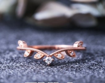 Moissanite wedding band rose gold, colorless moissanite curved wedding ring, unique bridal rings for women, promise ring, leaf design band