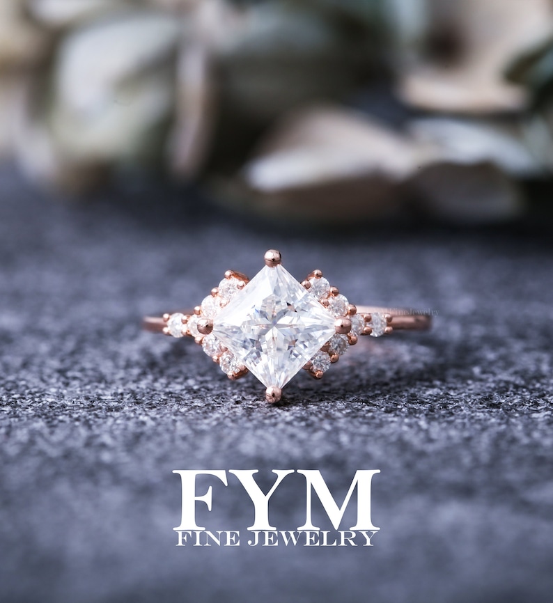 Moissanite engagement ring art deco 14K rose gold ring, vvs princess moissanite ring, unique ring, rings for women, promise wedding ring image 1