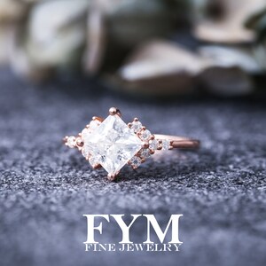 Moissanite engagement ring art deco 14K rose gold ring, vvs princess moissanite ring, unique ring, rings for women, promise wedding ring image 4