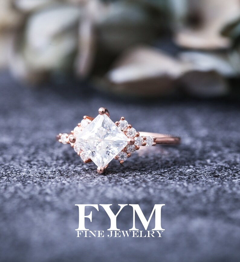 Moissanite engagement ring art deco 14K rose gold ring, vvs princess moissanite ring, unique ring, rings for women, promise wedding ring image 4