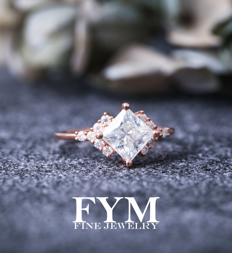 Moissanite engagement ring art deco 14K rose gold ring, vvs princess moissanite ring, unique ring, rings for women, promise wedding ring image 3