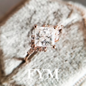 Moissanite engagement ring art deco 14K rose gold ring, vvs princess moissanite ring, unique ring, rings for women, promise wedding ring image 2