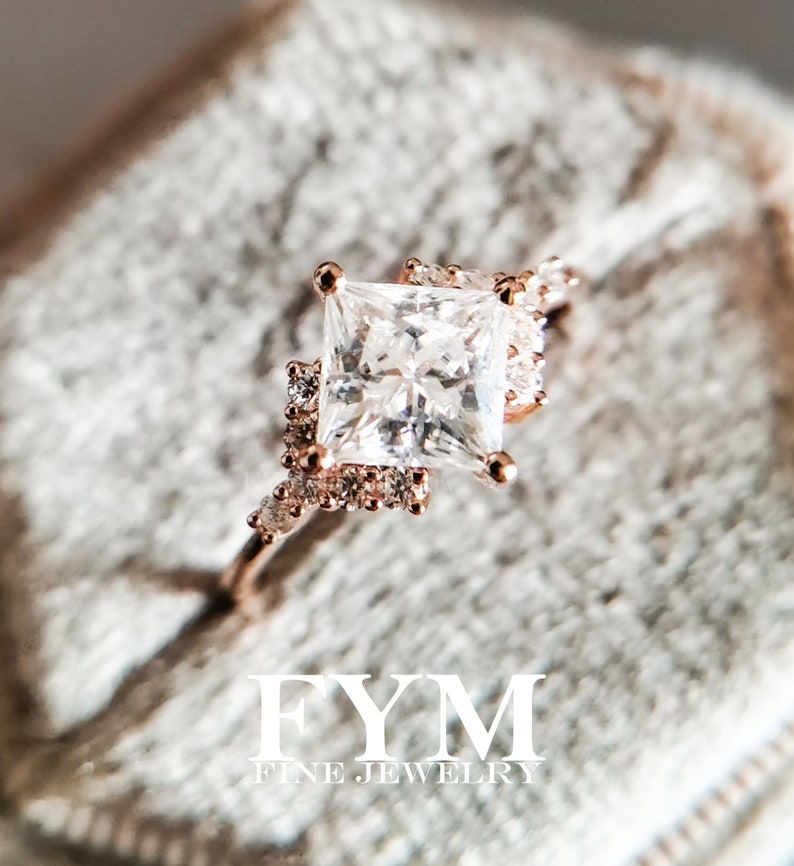 Moissanite engagement ring art deco 14K rose gold ring, vvs princess moissanite ring, unique ring, rings for women, promise wedding ring image 2