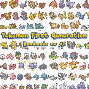 May include: A grid of pixelated Pokémon characters from the first generation. The image features the text "Pokemon First Generation Handmade no AI" in yellow and blue. The characters are in various colours.