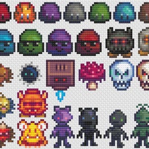 May include: A collection of pixel art sprites featuring various characters and objects, including a red mushroom, a skull, a robot, and a creature with a green body and a yellow head.