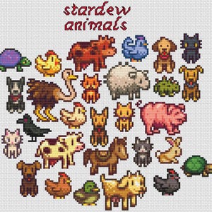 May include: A pixel art illustration of farm animals from the video game Stardew Valley. The animals are arranged in a heart shape and include a cow, pig, chicken, sheep, rabbit, cat, dog, ostrich, and more.