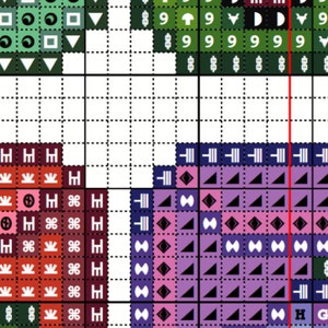 Puede incluir: Patr&oacute;n de punto de cruz con una variedad de colores y s&iacute;mbolos, incluyendo rojo, verde, morado y negro. El patr&oacute;n presenta una variedad de formas geom&eacute;tricas, incluyendo cuadrados, tri&aacute;ngulos y c&iacute;rculos.