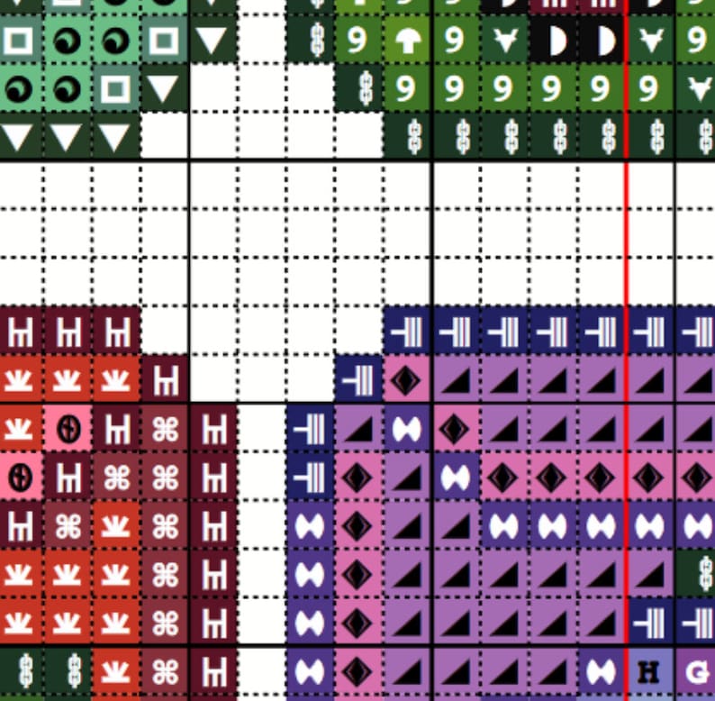 Puede incluir: Patr&oacute;n de punto de cruz con una variedad de colores y s&iacute;mbolos, incluyendo rojo, verde, morado y negro. El patr&oacute;n presenta una variedad de formas geom&eacute;tricas, incluyendo cuadrados, tri&aacute;ngulos y c&iacute;rculos.