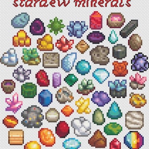May include: A collection of pixelated images of minerals from the video game Stardew Valley. The images are arranged in a heart shape and include various colors and textures.