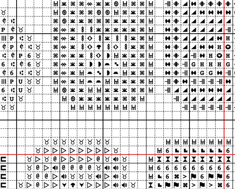 Puede incluir: Gr&aacute;fico de punto de cruz en blanco y negro con s&iacute;mbolos para un dise&ntilde;o que presenta una variedad de formas geom&eacute;tricas, incluyendo tri&aacute;ngulos, cuadrados y diamantes.