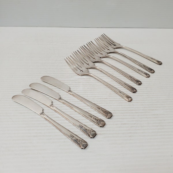 vintage 6 Oxford Oneida Chippendale Silver Plated Salad Forks 1919 and 4 butter knife - Fortune - Tudor Plate