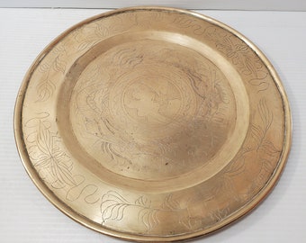 Chinese Brass Tray / Art, Etched Brass with dragon Flowers Mystical Creatures and Symbol in Centre, Raised Edges