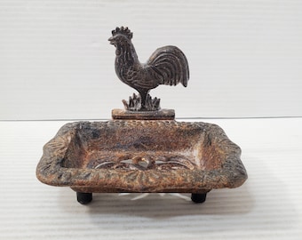 Rustic Vintage Cast Iron Soap Sponge Dish Holder Rooster Footed