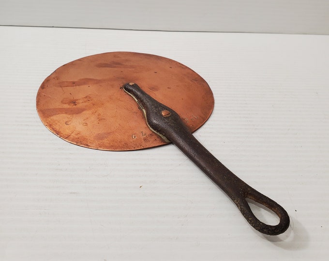 Antique French Copper Flat Splash Lid Copper Rivets Cast Iron Handle