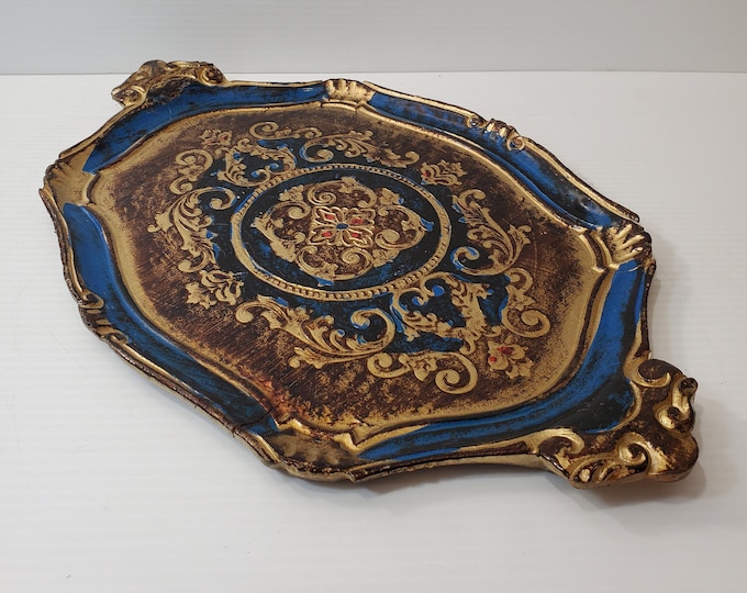 Large Vintage Italian Florentine Tray, Made in Italy Blue and Gold Tray ...
