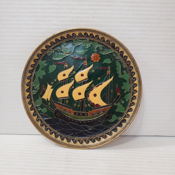 Sailing Ship Plate, Enamel over Bronze, Greek Brass Plate, Wall Hanging Decorative Plate, Made in Greece