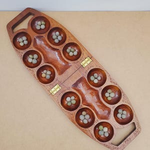 Vintage Wooden Mancala with Pebbles, Hand Carved Hardwood Strategy Game, Traditional Sungka, Board Game, Adults and Kids Table Game Gift.