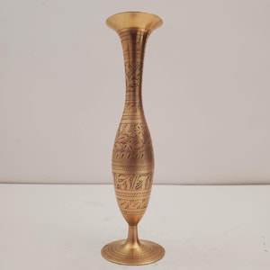 Vintage Etched Flower Pattern Brass Vase - Aged Vintage Patina - Made in India - Vintage Hand-Etched Brass Vase, Floral Brass Vase