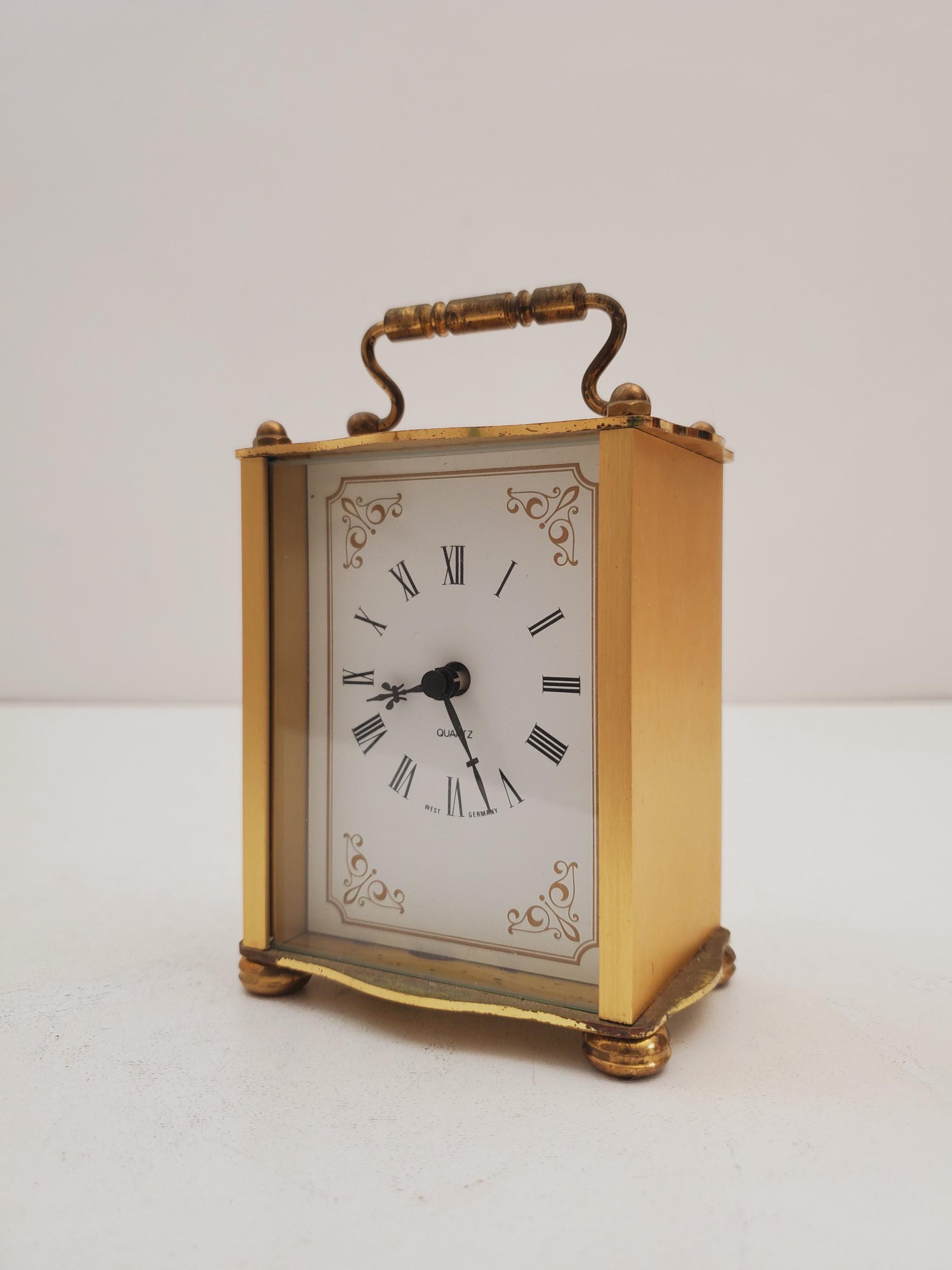 Gold Table Clock Rectangle Battery Operated 1980's Brass German Hampton Vintage Mantel Black