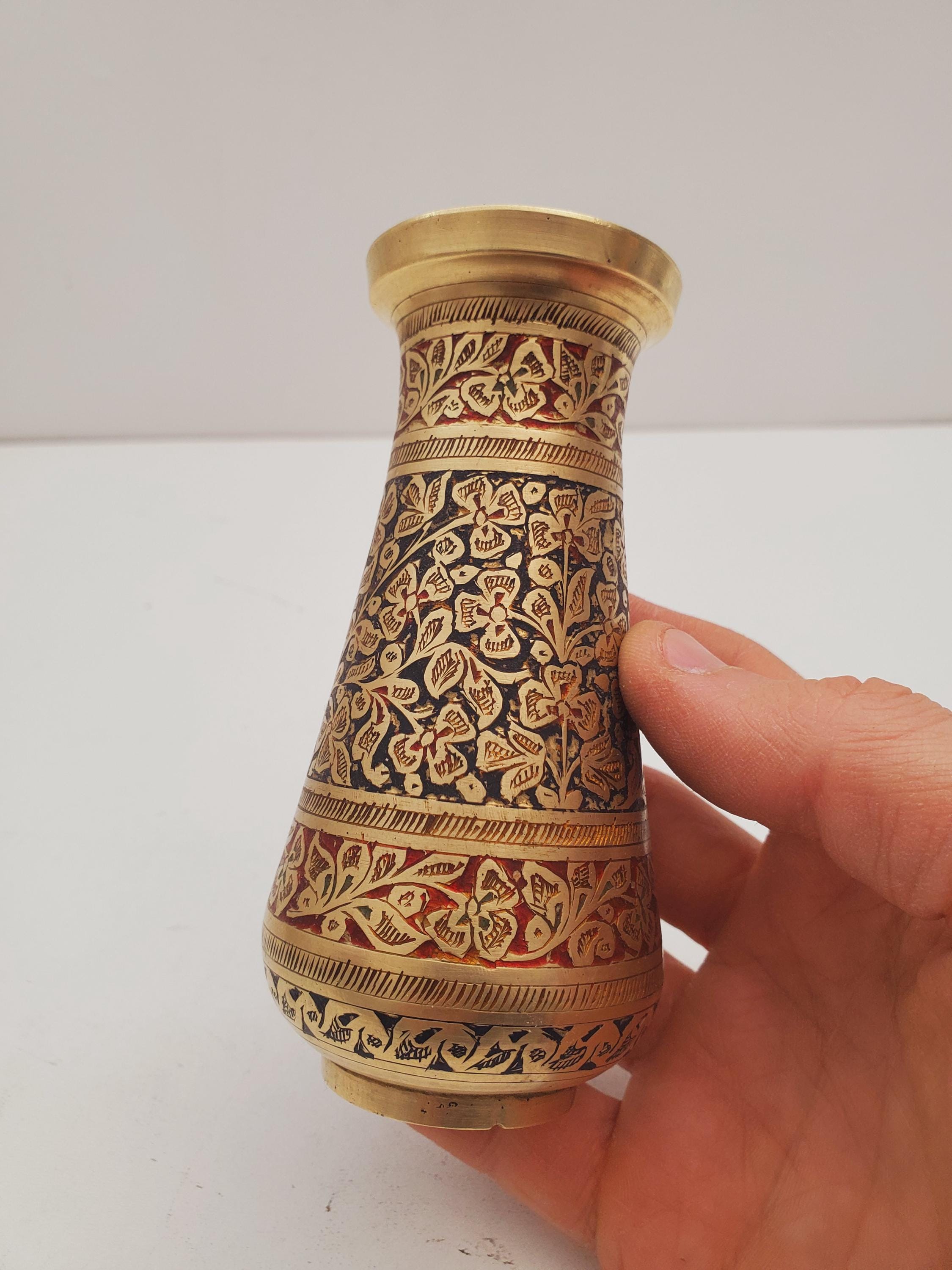 Vintage Etched Flower Pattern Brass Vase - Aged Vintage Patina - Made in India - Vintage Hand-Etched Brass Vase, Floral Brass Vase
