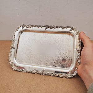 Small Silver Plated Tray, Raised Grape Edge Embossed Detail, Vintage Plate Old English Reproduction Rectangular Serving Dish