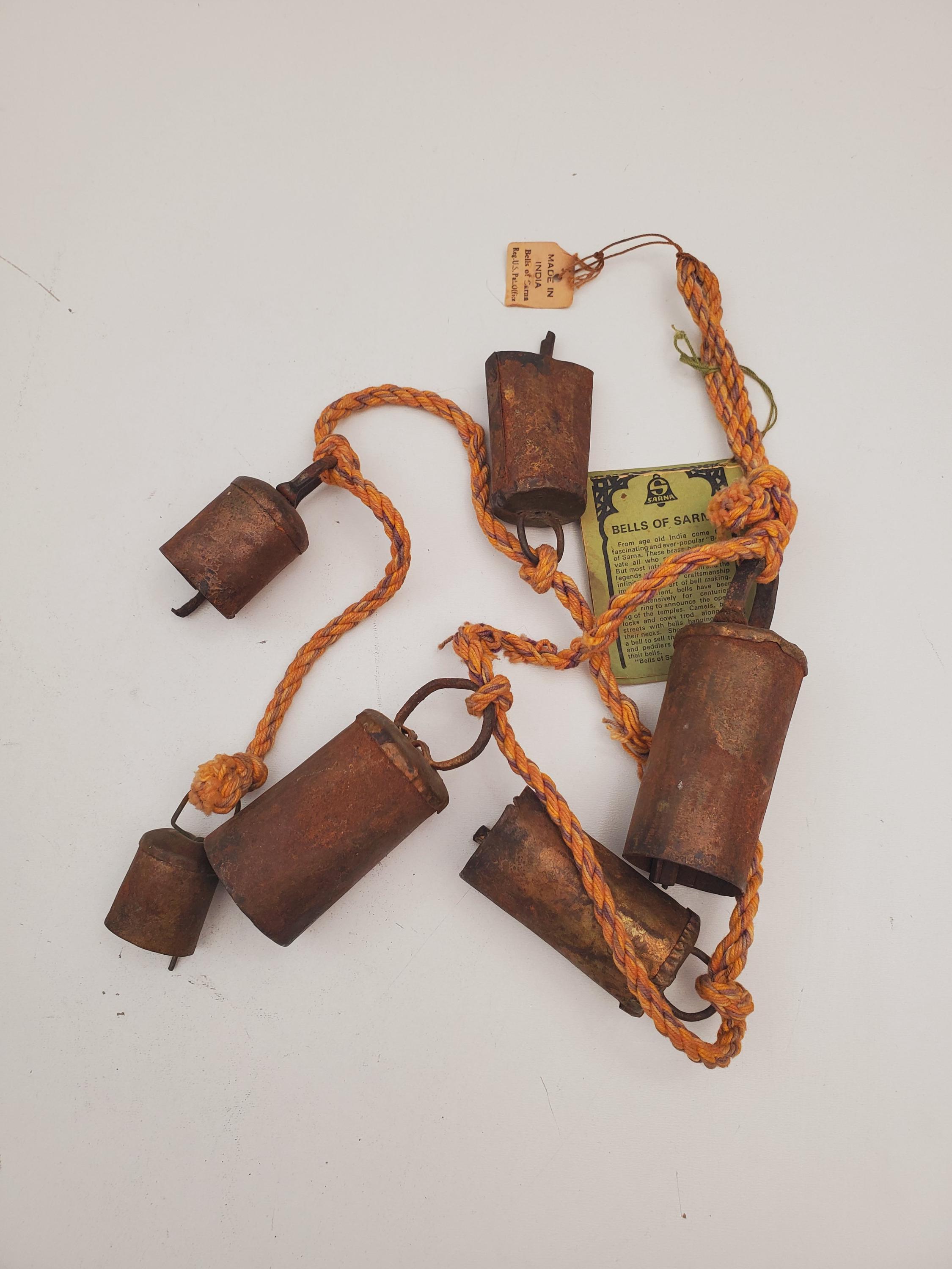 Sarna Brass Bell Set of 6, Hanging Bells of Sarna, Shop Patio Brass Bells- Rustic Bell Garland from India; Home decor
