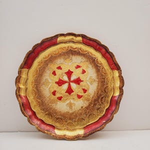 Vintage Italian Florentine Tray, Made in Italy red and Gold Tray, Ornate Serving Drinks Tray Round Wooden Florentine Tray in Red & Gold