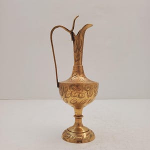 Indian Brass Ewer Vase... Long Tall Ornament... Serpent Handle... Ornate Engraving... Mid Century Bud Vase