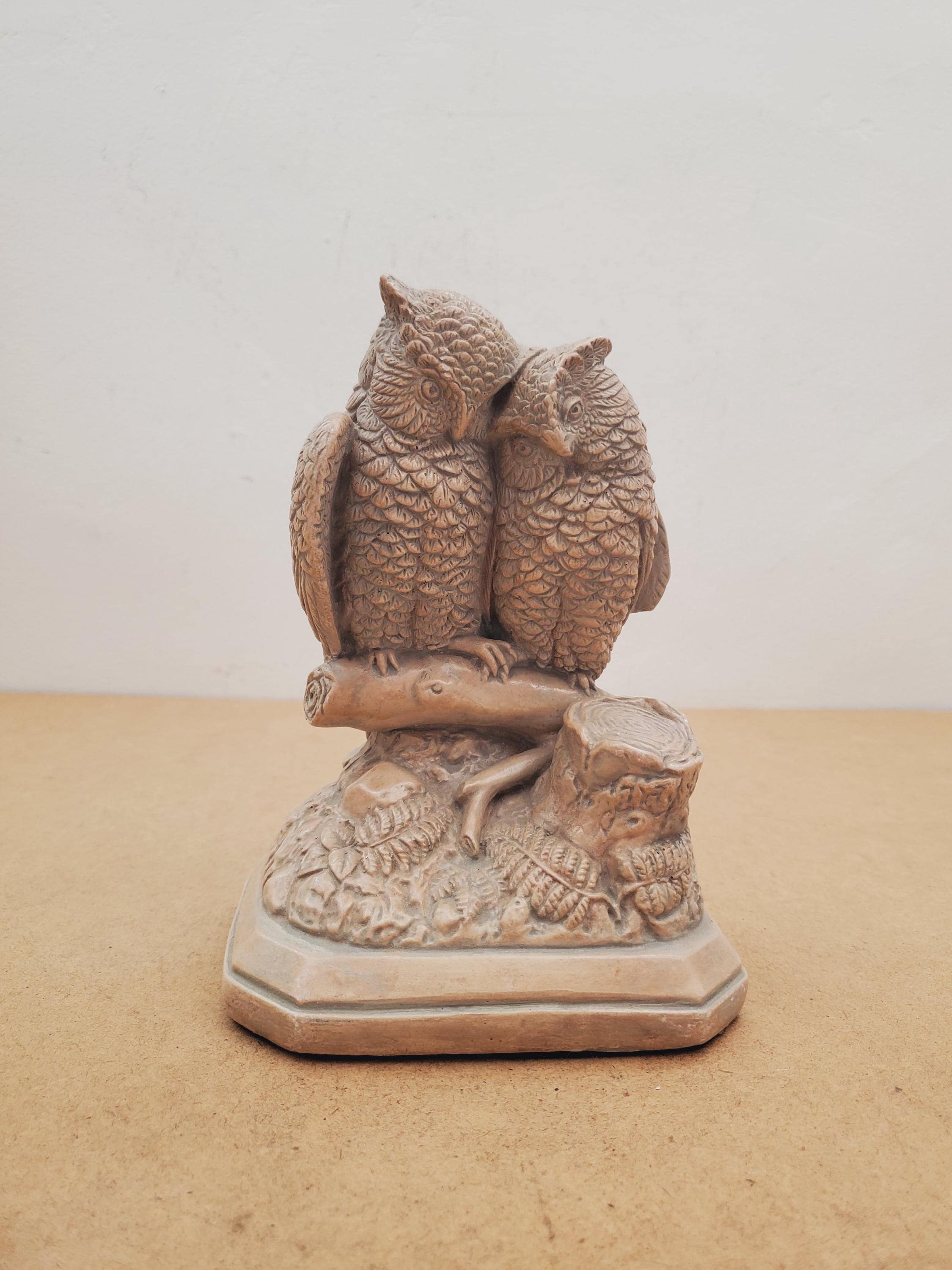 Antique Borghese English Victorian Owl couple embracing Majolica Chalkware hallmark stamped - Vintag