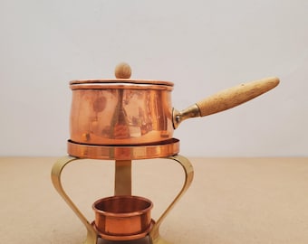 Juego de fondue mini Tagus vintage de cobre y latón, olla pequeña para fundir con mango de madera, calentador de mantequilla con tapa, olla pequeña para salsas