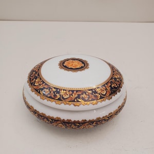 Vintage Limoges 24kt Gold Gilt Bacchus Trinket Box Dish, Fine French Porcelain with Blue and Gold Design, 1970s Collectible Jewelry Box