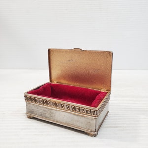 Silberplatte Schmuckschatulle, griechisches Schlüsselmuster, Samt gefütterte Schmuckschatulle, Vintage Schmuckaufbewahrung