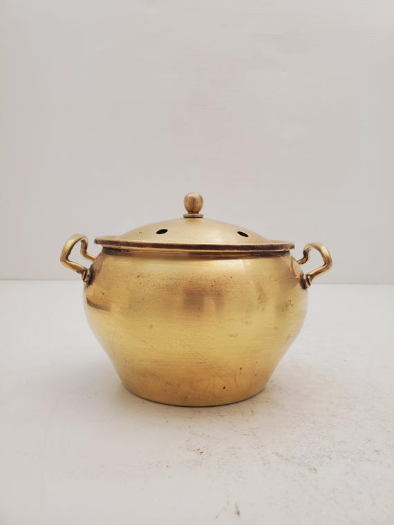 Vintage Brass Potpourri Pot w Vented Lid and Brass Accents Incense Candle Holder Home Decor or Kitchen Storage Garlic Jar Multi-Use