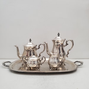 Silver Tea Set 4pc - Silverplate Tray Footed Tea/Coffee Pots ,Antique Vintage Silver Teapot 1940s  Silver, Bed Breakfast , Victorian Wedding